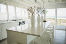 Вазы на столе на кухне с видом на океан — стоковое фото