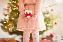 Chica en vestido rosa sosteniendo regalo de Navidad detrás de la espalda delante del árbol de Navidad - foto de stock