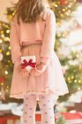 Menina em vestido rosa segurando presente de Natal atrás de suas costas perto da árvore de Natal — Fotografia de Stock