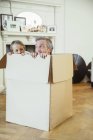 Батько і син грають у картонній коробці — стокове фото