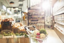 Productos frescos en el carrito de la compra en el mercado de comestibles - foto de stock