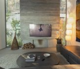 Television in modern, luxury home showcase interior living room — Stock Photo