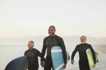 Surfeurs plus âgés portant des planches sur la plage — Photo de stock