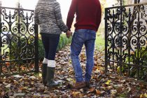 Couple holding hands outdoors, rear view — Stock Photo