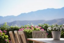 Fiori intorno al tavolo patio con vista sulle montagne — Foto stock