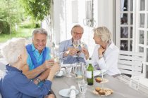 Amigos brindando entre sí con vino al aire libre - foto de stock