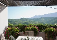 View of mountains from balcony with potted flowers — Stock Photo
