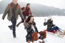 Amigos entusiastas paseando en trineo en el campo nevado - foto de stock