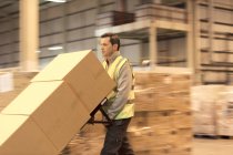 Worker carting boxes in warehouse — Stock Photo