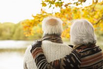 Rear view of older couple hugging in park — Stock Photo