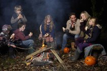Famille manger autour du feu de camp la nuit — Photo de stock