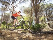 Seitenansicht Mountainbiker auf Feldweg am Wald — Stockfoto