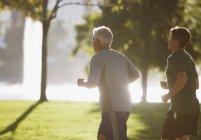 Hommes plus âgés jogging ensemble dans le parc — Photo de stock