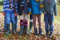 Los niños de la cosecha de pie juntos en hojas de otoño - foto de stock