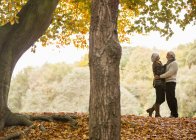 Anziani coppia caucasica abbracci nel parco — Foto stock