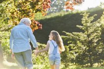 Бабушка и внучка держатся за руки и гуляют в солнечном саду — стоковое фото