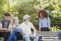 College students hanging out studying on park bench — Stock Photo