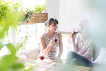 Frauen trinken Wein und unterhalten sich auf Café-Sofa — Stockfoto