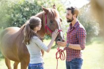 Couple petting horse at pasture — Stock Photo