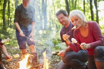 Mehrgenerationenfamilie grillt Marshmallows am Lagerfeuer im Wald — Stockfoto