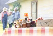 Бабушка с дедушкой и внук идут к ларьку с медом — стоковое фото