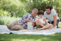 Multi-generation men with cell phone on blanket in grass — Stock Photo