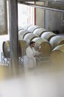 Vintner in lab coat examining white wine in winery cellar — Stock Photo
