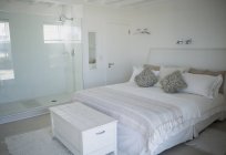 Ліжко, душ і тулуб в сучасній спальні — стокове фото
