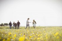 Семья из нескольких поколений гуляет по солнечному лугу с полевыми цветами — стоковое фото