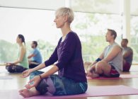 Mujer serena en posición de loto en clase de yoga - foto de stock