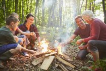 Семья из нескольких поколений жарит зефир у костра в лесу — стоковое фото