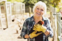 Portrait smiling woman holding chicken near coops — Stock Photo