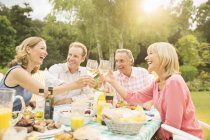 Couples toasting wine glasses at table in backyard — Stock Photo
