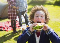 Entusiástico menino tomando grande mordida de hambúrguer no acampamento ensolarado — Fotografia de Stock