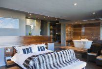 Bett und Badewanne im modernen Hauptschlafzimmer — Stockfoto