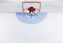 Gardien de hockey en uniforme rouge protégeant filet de but — Photo de stock