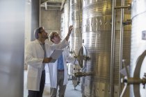 Winzer in Labormänteln kontrollieren Bottiche im Keller des Weinguts — Stockfoto