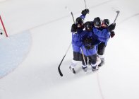 Hockey team in blue uniforms cheering celebrating on ice — Stock Photo