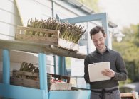 Farmer market worker with clipboard checking inventory next to asparagus — Stock Photo