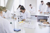 Studenti universitari che utilizzano il microscopio condurre esperimenti scientifici in laboratorio — Foto stock