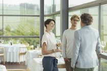 Friends talking and drinking wine in winery dining room — Stock Photo