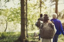 Friends backpacking hiking in woods — Stock Photo