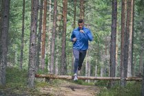 Runner jumping over fallen tree on trail in woods — Stock Photo
