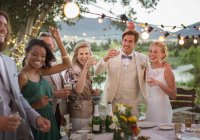 Pareja joven e invitados brindando con champán durante la recepción de la boda en el jardín doméstico - foto de stock