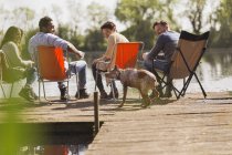 Friends and dog at sunny lakeside dock — Stock Photo