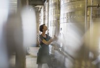 Winzer überprüft Edelstahlbottich im Keller des Weinguts — Stockfoto