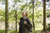 Smiling woman hiking looking up at trees in sunny woods — Stock Photo