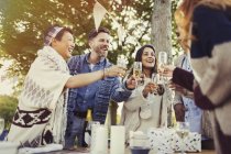 Amici brindare bicchieri di champagne al tavolo patio — Foto stock
