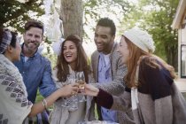 Friends toasting champagne glasses on patio — Stock Photo