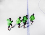 Хоккейная команда в зеленой форме катается на коньках подряд по льду — стоковое фото